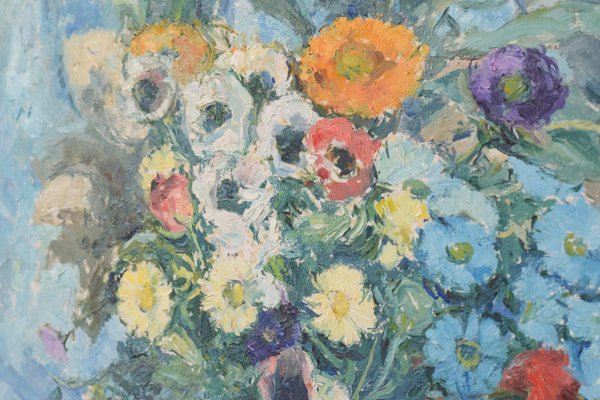 Still Life with Flowers and Photograph, Mid-20th Century, Oil on Canvas-AOI-1106808