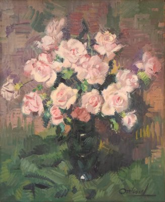 Still Life with Pink Flowers, Mid-20th Century, Oil on Canvas-AOI-1106880