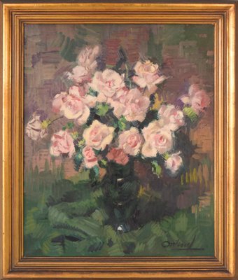 Still Life with Pink Flowers, Mid-20th Century, Oil on Canvas-AOI-1106880