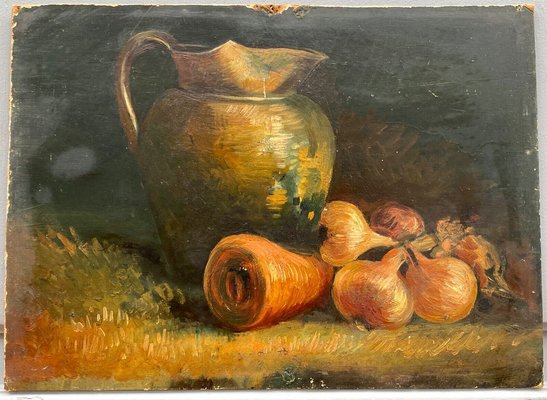 Still Life with Pitcher and Onions, Early 20th Century, Oil on Cardboard, Framed-QKG-1357196