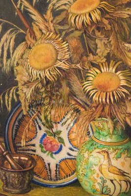 Still Life with Sunflowers and Majolica Jug, Mid-20th Century, Oil on Canvas-AOI-1106865