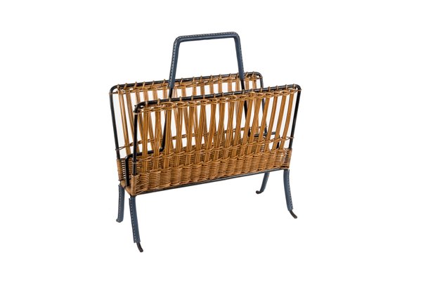 Stitched Leather and Rattan Magazine Rack by Jacques Adnet, 1950s-VRR-729923