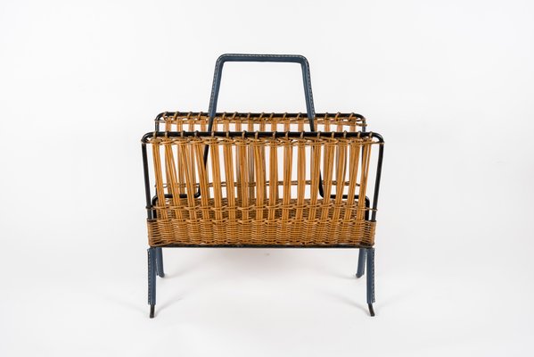 Stitched Leather and Rattan Magazine Rack by Jacques Adnet, 1950s-VRR-729923