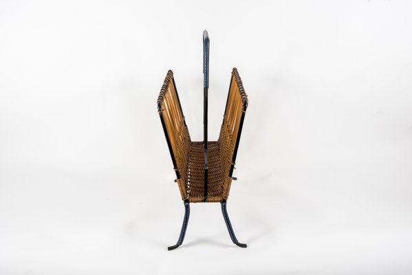 Stitched Leather and Rattan Magazine Rack by Jacques Adnet, 1950s-VRR-729923