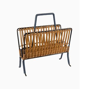 Stitched Leather and Rattan Magazine Rack by Jacques Adnet, 1950s-VRR-729923