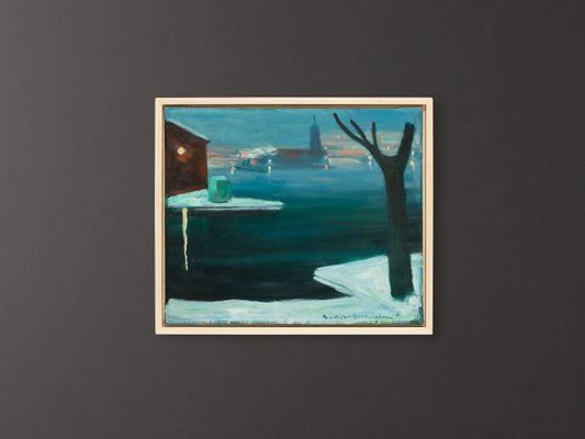 Stockholm at Night, Oil on Canvas, Framed-GPP-1054030