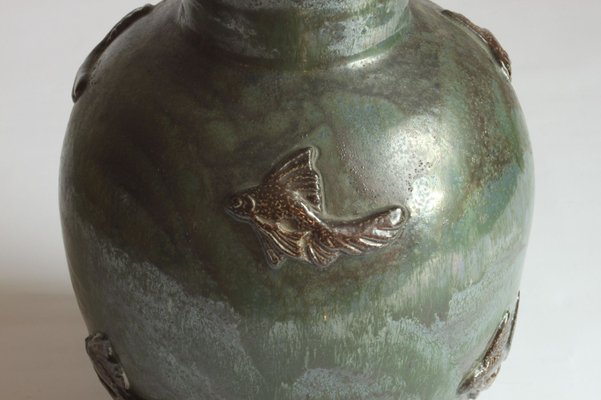 Stoneware Vase with Fish Decor by Roger Guerin, Belgium, 1920s-PLT-1014871