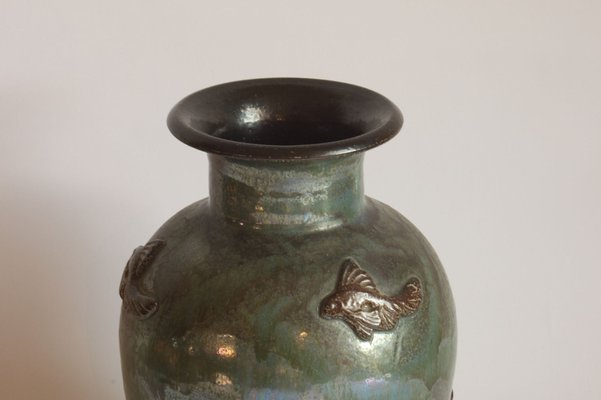 Stoneware Vase with Fish Decor by Roger Guerin, Belgium, 1920s-PLT-1014871