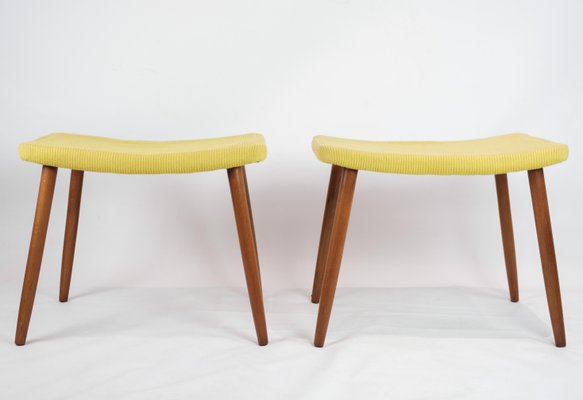 Stool in Yellow Fabric with Teak Legs, Denmark, 1960s-UY-1168390