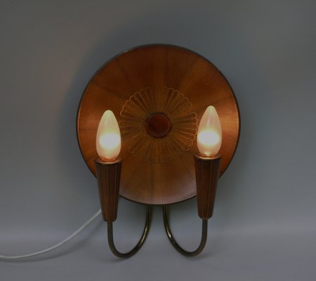 Sunburst Wall Light in Wood & Brass from Temde, 1950s-EY-2036245