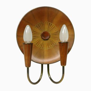 Sunburst Wall Light in Wood & Brass from Temde, 1950s-EY-2036245