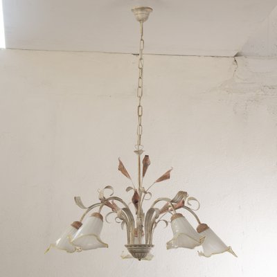 Suspension Chandelier with 5 Lights in White Murano Glass & Handmade Brass Structure, Italy, 1980s-MPO-1815149