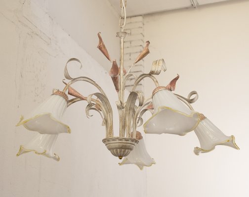 Suspension Chandelier with 5 Lights in White Murano Glass & Handmade Brass Structure, Italy, 1980s-MPO-1815149