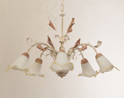 Suspension Chandelier with 5 Lights in White Murano Glass & Handmade Brass Structure, Italy, 1980s-MPO-1815149