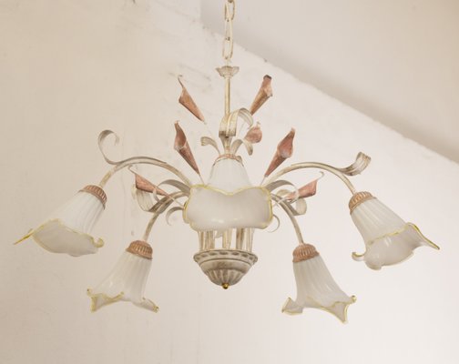 Suspension Chandelier with 5 Lights in White Murano Glass & Handmade Brass Structure, Italy, 1980s-MPO-1815149