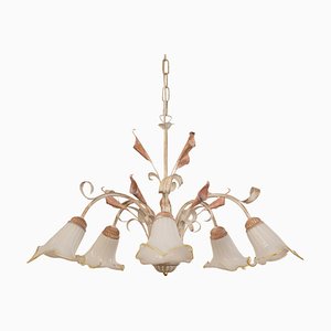 Suspension Chandelier with 5 Lights in White Murano Glass & Handmade Brass Structure, Italy, 1980s-MPO-1815149