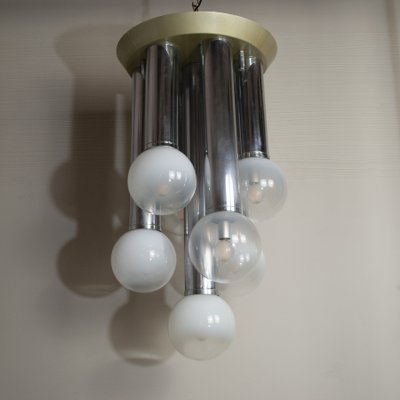 Suspension Chandelier With 7 Lights in Satin Glass, Italy, 1970s-JQO-1174987