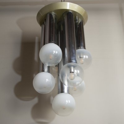 Suspension Chandelier With 7 Lights in Satin Glass, Italy, 1970s-JQO-1174987