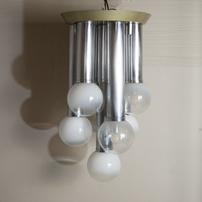 Suspension Chandelier With 7 Lights in Satin Glass, Italy, 1970s-JQO-1174987