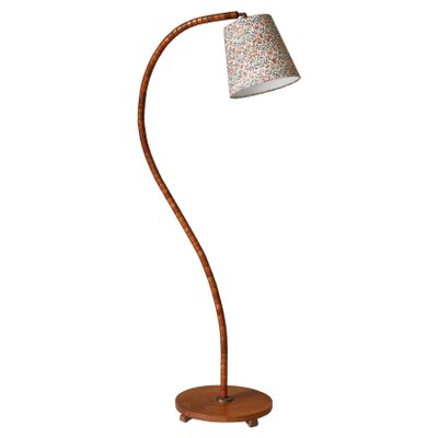 Swedish Art Deco Floor Lamp in Patinated Elm with William Morris Shade, 1930s-WRF-1793971