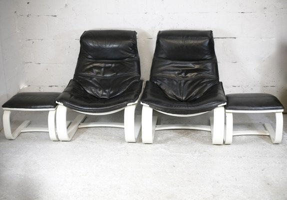 Swedish Black Leather and Cream Lacquered Wood Armchairs and Ottomans, 1975, Set of 4-MAO-1270893