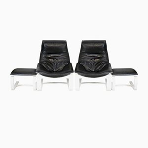 Swedish Black Leather and Cream Lacquered Wood Armchairs and Ottomans, 1975, Set of 4-MAO-1270893