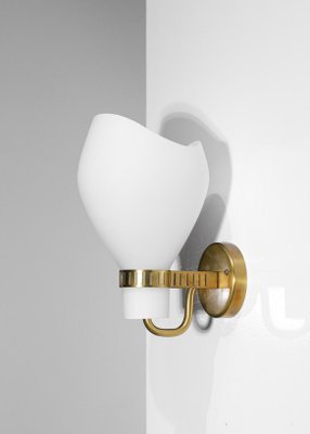 Swedish Brass and Opaline Wall Lamp in the Style of Paavo Tynell, 1960s-YU-1075710