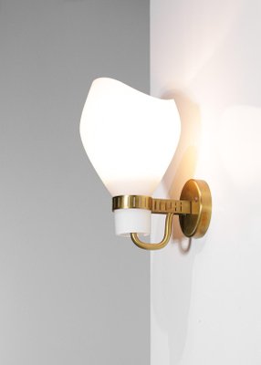 Swedish Brass and Opaline Wall Lamp in the Style of Paavo Tynell, 1960s-YU-1075710