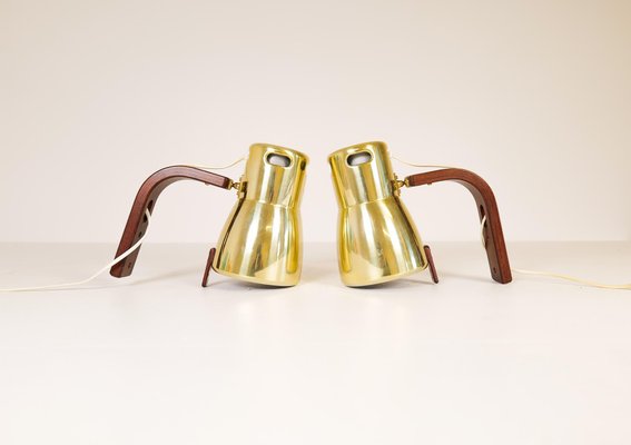 Swedish Brass and Stained Wood Wall Lamps by Hans-Agne Jakobsson, 1970s, Set of 2-UYK-1073630