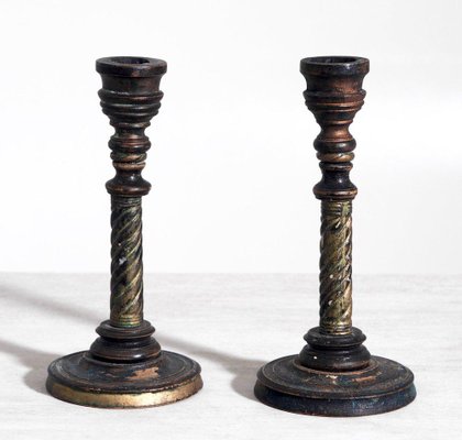 Swedish Candleholders in Carved Wood, Paint & Gilt, 1800s, Set of 2-SA-636412