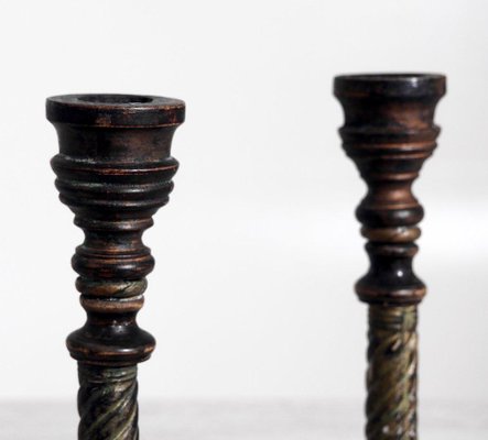 Swedish Candleholders in Carved Wood, Paint & Gilt, 1800s, Set of 2-SA-636412