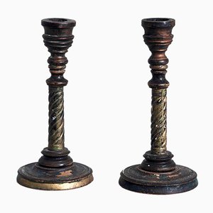 Swedish Candleholders in Carved Wood, Paint & Gilt, 1800s, Set of 2-SA-636412