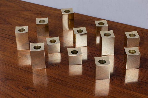 Swedish Cubic Brass Candlesticks by Gusum Metallslöjden, 1980s, Set of 12-TM-1744114