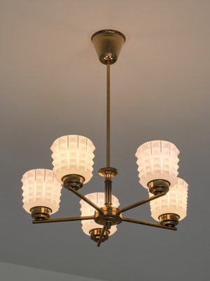 Swedish Modern Chandelier in Brass and Studded Opal Glass from Orrefors, 1950s-FMT-1338509