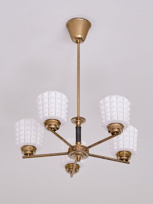 Swedish Modern Chandelier in Brass and Studded Opal Glass from Orrefors, 1950s-FMT-1338509