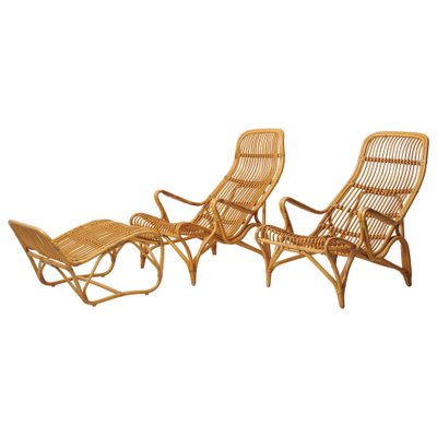 Swedish Modern Rattan Lounge Chairs and Footstool attributed to Bruno Mathsson for Dux, 1970s, Set of 3-MJF-1772916