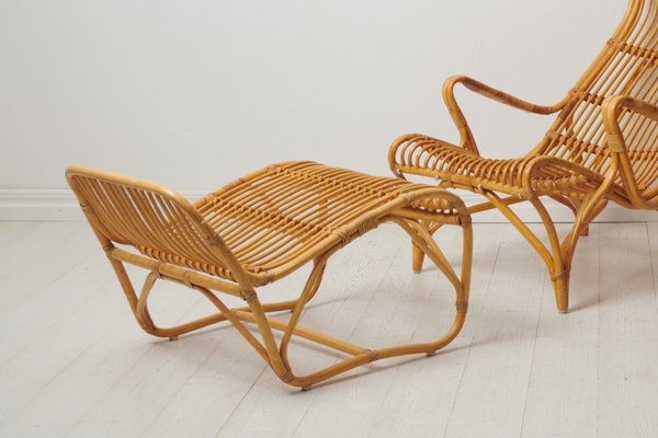 Swedish Modern Rattan Lounge Chairs and Footstool attributed to Bruno Mathsson for Dux, 1970s, Set of 3-MJF-1772916