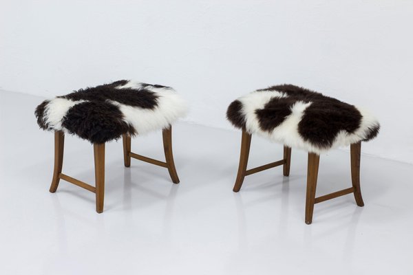 Swedish Modern Stools with Sheepskin, 1940s, Set of 2-KO-1762537