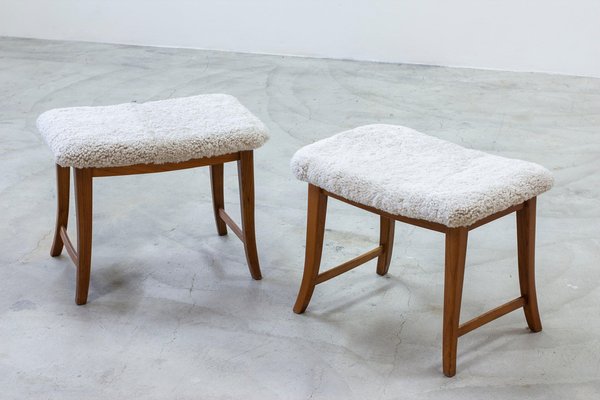 Swedish Modern Stools with Sheepskin, 1940s, Set of 2-KO-2040795