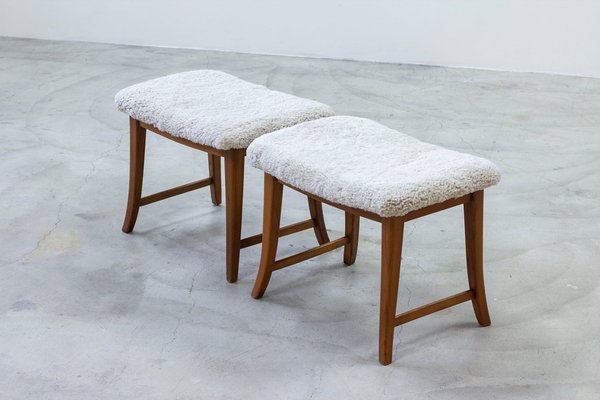 Swedish Modern Stools with Sheepskin, 1940s, Set of 2-KO-2040795