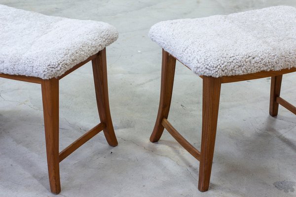 Swedish Modern Stools with Sheepskin, 1940s, Set of 2-KO-2040795