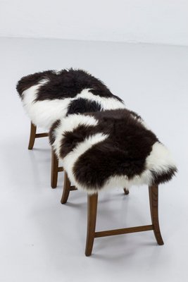 Swedish Modern Stools with Sheepskin, 1940s, Set of 2-KO-1762537