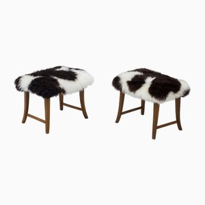 Swedish Modern Stools with Sheepskin, 1940s, Set of 2-KO-1762537