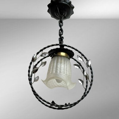 Swedish Modern Wrought Iron Pendant Lamp with Organic Leaf Decor, 1940s-LIV-2043409