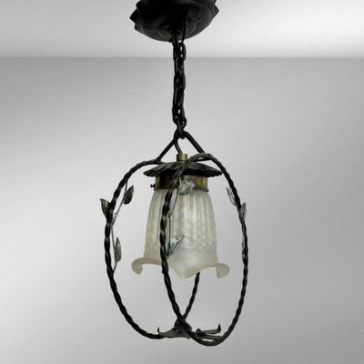 Swedish Modern Wrought Iron Pendant Lamp with Organic Leaf Decor, 1940s-LIV-2043409