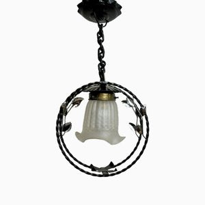 Swedish Modern Wrought Iron Pendant Lamp with Organic Leaf Decor, 1940s-LIV-2043409