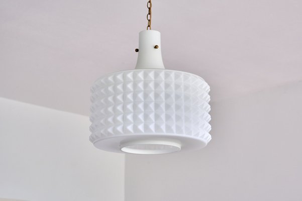 Swedish Modernist Studded Pendant Lamp in Opaline Glass from Orrefors, 1950s-FMT-1034557