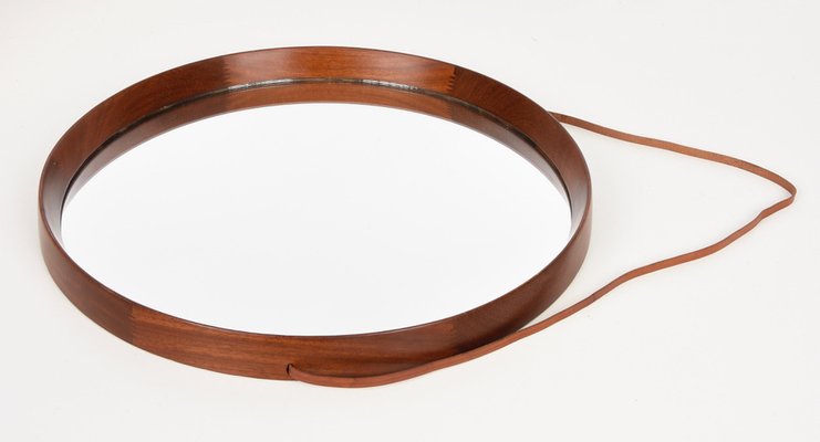 Swedish Wood & Leather Wall Mirror by Uno & Östen Kristiansson for Luxus, 1960s-JDR-1126351