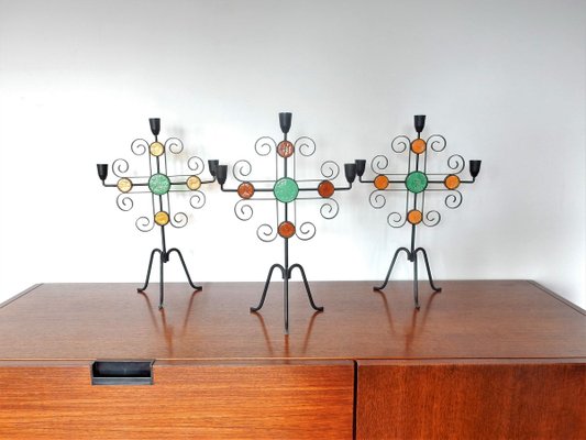 Swedish Wrought Iron and Glass Candleholders by Gunnar Ander for Ystad-Metall, 1960s, Set of 3-NV-714939