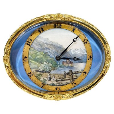 Swiss Gilt-Brass with Painted Landscape Oval Desk Clock, Swiss, 1890s-UCH-1431513